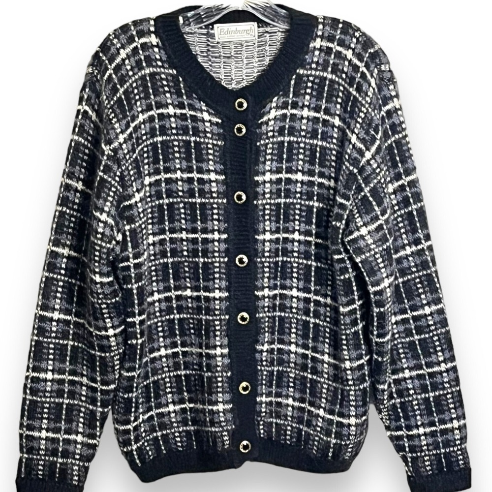 Vtg Edinburgh Plaid Mohair Blnd Tartan Cardigan Medium Academia Preppy Old Money